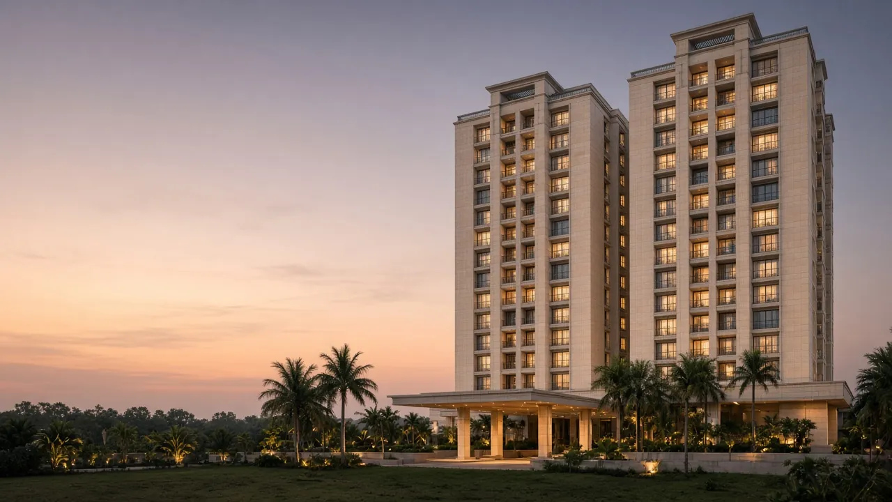 Limestone residential towers at dusk, with a lit arrival canopy and palms.